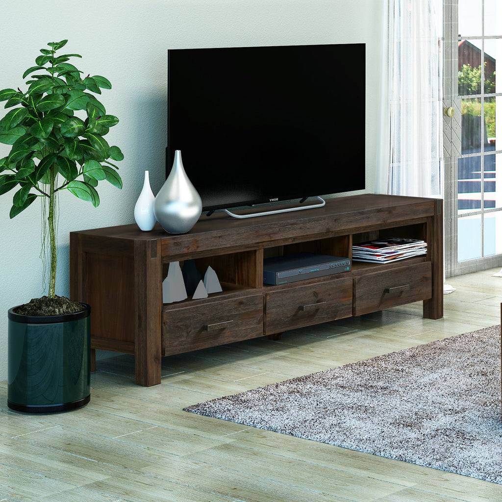NNEDSZ TV Cabinet with 3 Storage Drawers with Shelf Solid Acacia Wooden Frame Entertainment Unit in Chocolate Colour-1