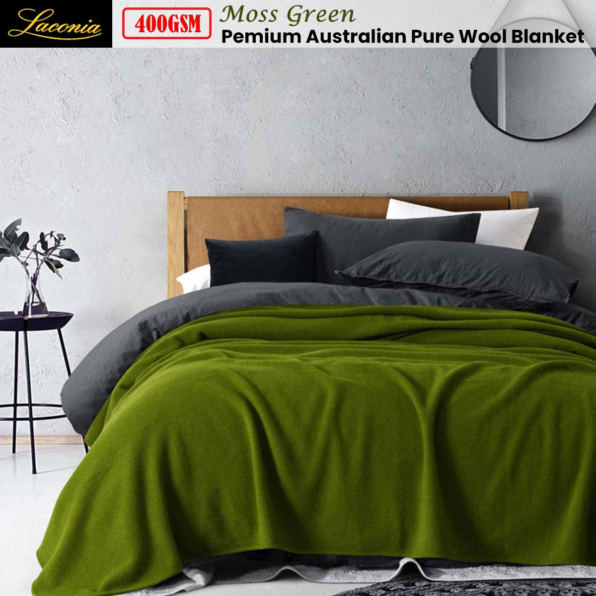 NNEDSZ Laconia 400GSM Premium Pure Wool Blanket Moss Green King-1