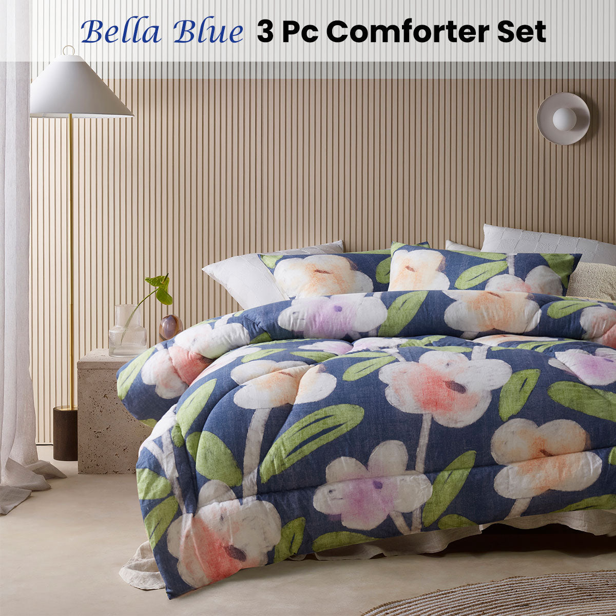 NNEDSZ Accessorize Bella Blue Floral 3 Piece Comforter Set Double-1