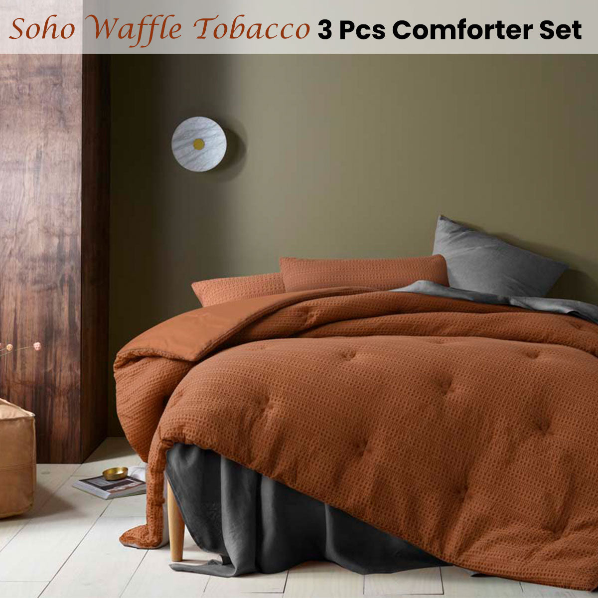 NNEDSZ Soho Waffle Tobacco 3 Piece Comforter Set King-1