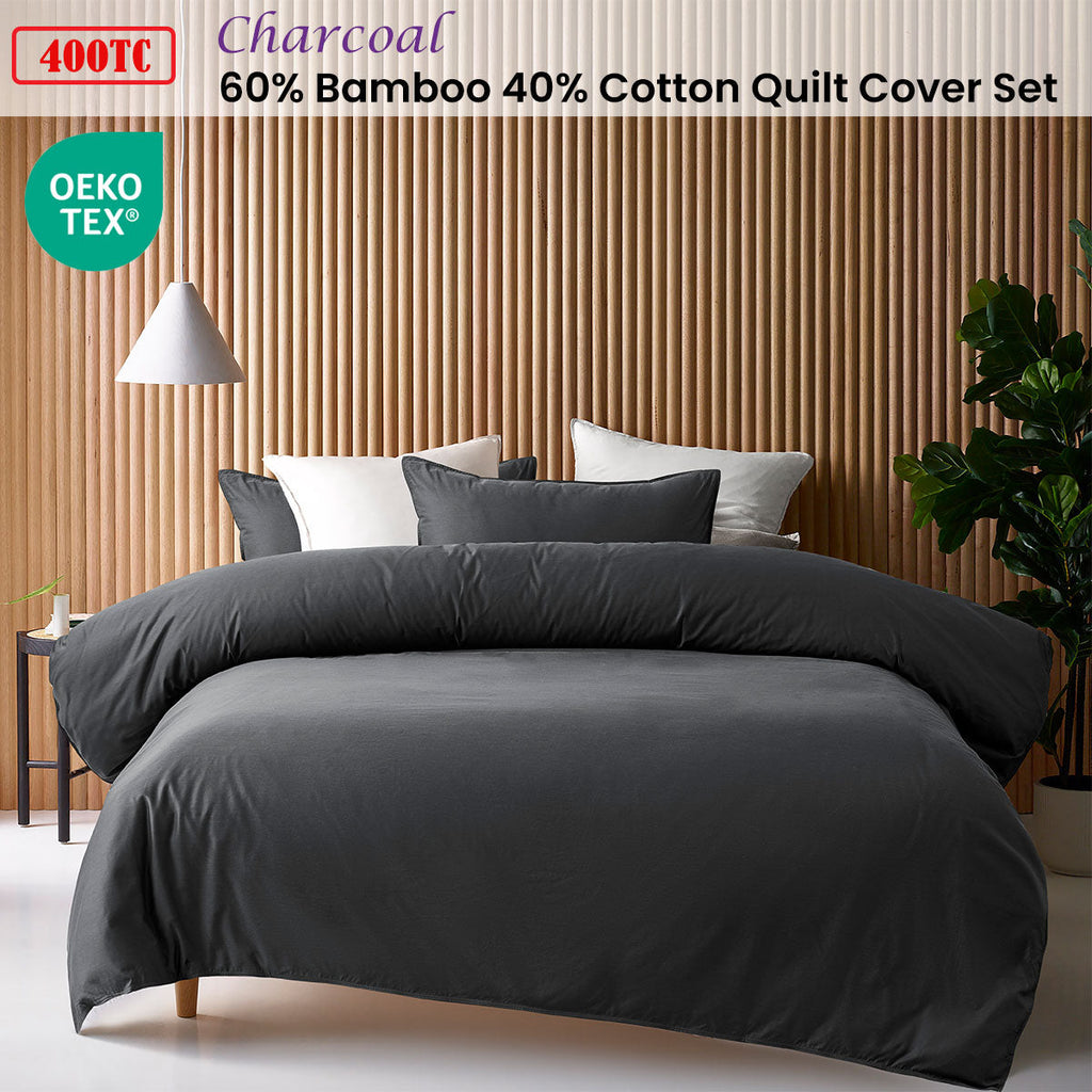 NNEDSZ Charcoal 400TC Charcoal Bamboo Cotton Double Stitched Quilt Cover Set Double-1