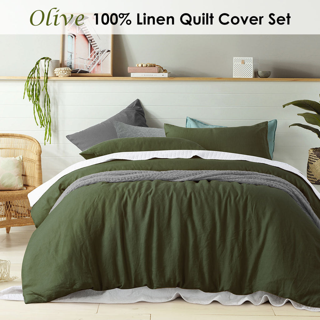 NNEDSZ 100% Linen Olive Quilt Cover Set King-1