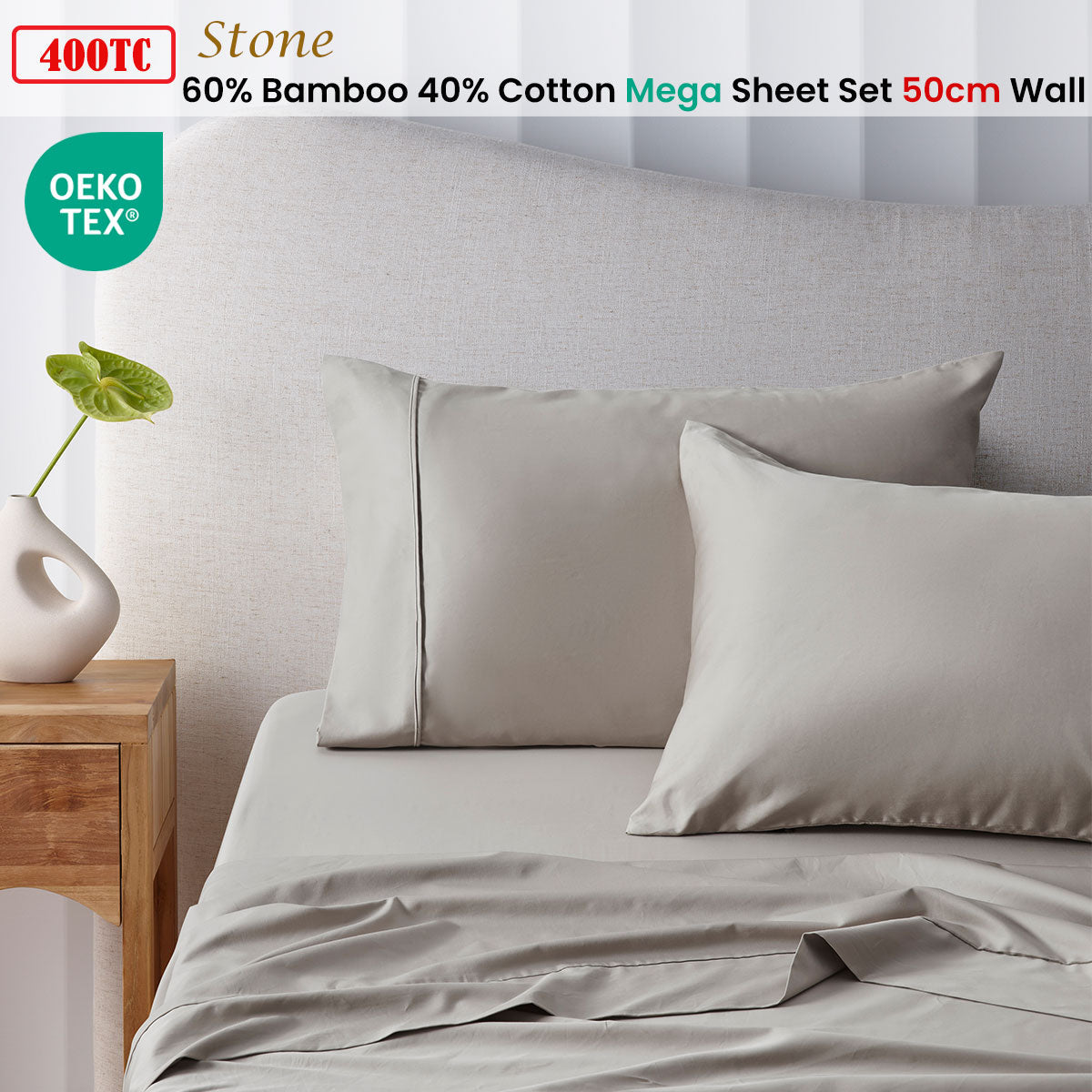 NNEDSZ 400TC Stone Bamboo Cotton Mega / Super Sheet Set 50cm Wall Super King-1