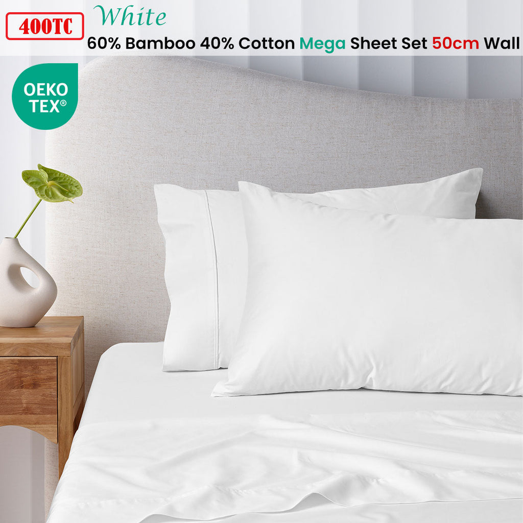 NNEDSZ 400TC White Bamboo Cotton Mega / Super Sheet Set 50cm Wall Super King-1