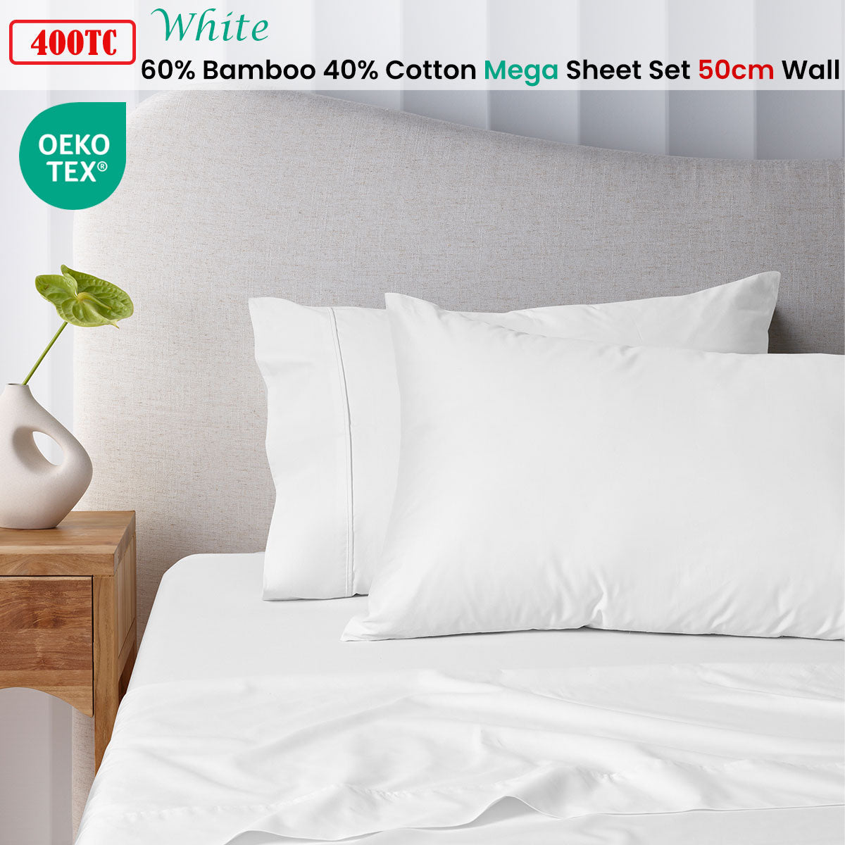 NNEDSZ 400TC White Bamboo Cotton Mega / Super Sheet Set 50cm Wall Super King-1