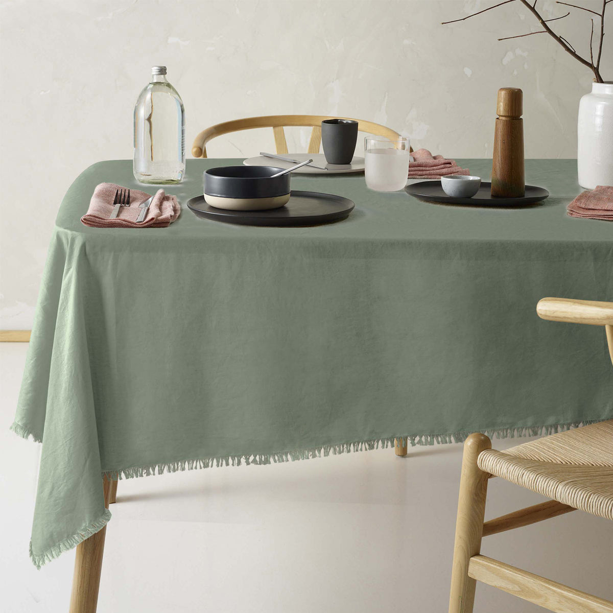 NNEDSZ Vintage Design Homewares Gypsy Green Fringed Washed Linen Cotton Tablecloth 150cm x 300cm-0