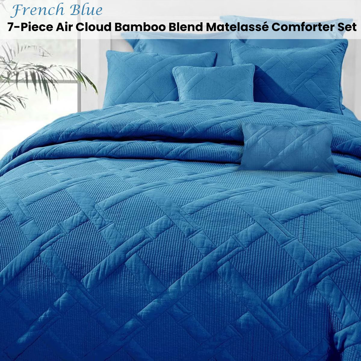 NNEDSZ Ramesses French Blue 7- Piece Air Cloud Bamboo Blend Matelasse Comfort Set Queen-1