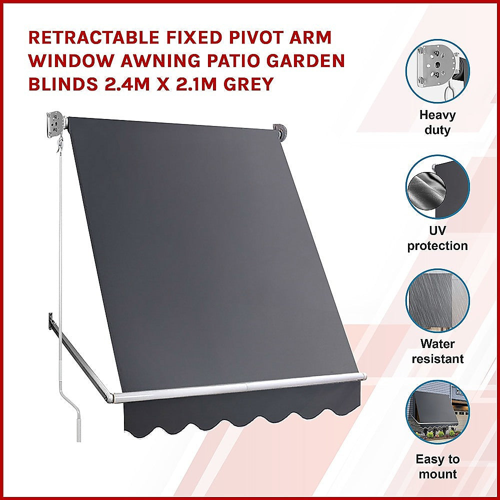 NNEDSZ Retractable Fixed Pivot Arm Window Awning Patio Garden Blinds 2.4m x 2.1m Grey-1