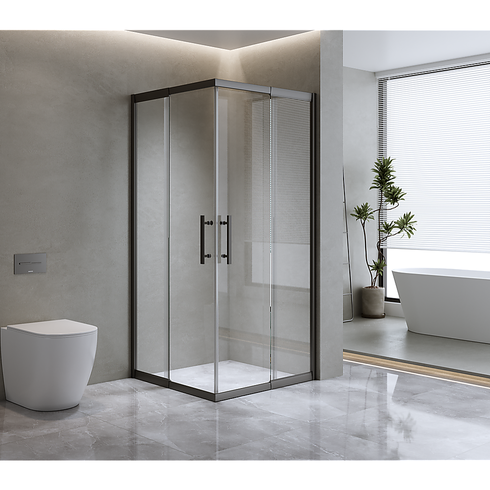NNEDSZ Adjustable 1200x1200mm Double Sliding Door Glass Shower Screen in Black-0