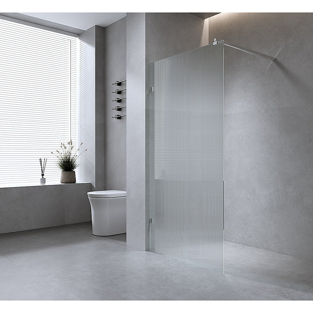 NNEDSZ 90cm Reeded Single Shower Glass Screen with Nickel Wall & Floor U Brackets-2