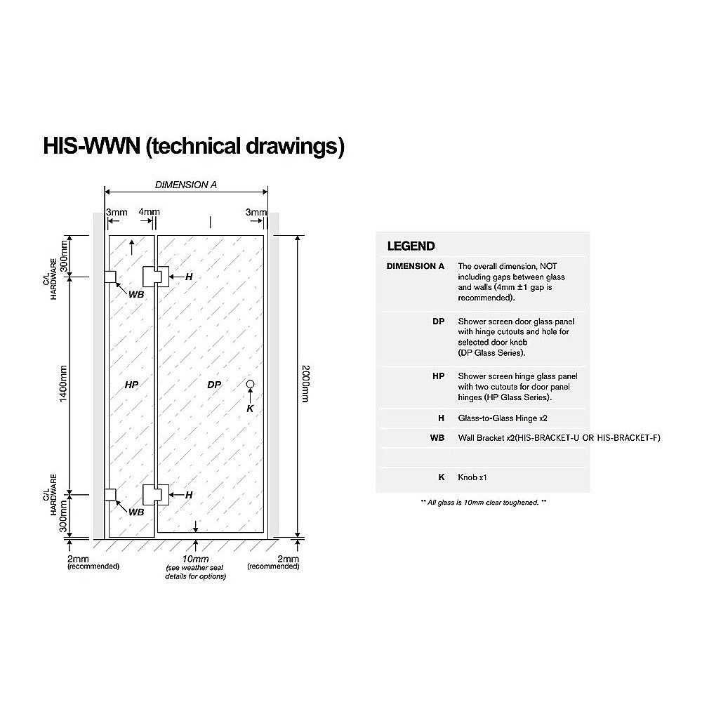 NNEDSZ 100cm Wall to Wall Frameless Shower Screen with Black Brackets and SS Hinges, Round Handle-2