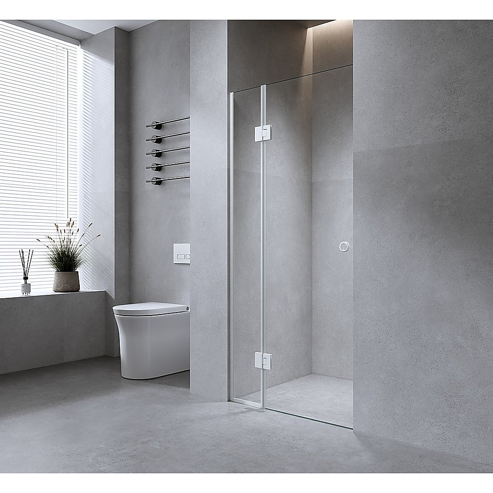 NNEDSZ 120cm Wall to Wall Frameless Shower Screen with Black Channel and SS Hinges , Round Handle-1