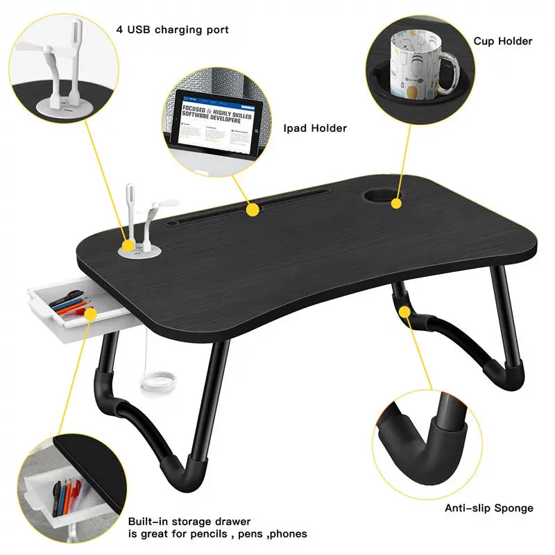 NNEDSZ NNECN Laptop Desk Bed Table Tray Folding Breakfast Table Portable Lap Standing Desk Notebook Stand Reading Holder for Bed/Sofa Large Lap Desk with USB-Charger and Cup-Holder-4