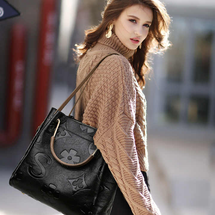 NNEDSZ Dark Brown Elegant Embossed PU Leather Tote Bag for Women - Large Capacity Handbag with Inner Pouch-3