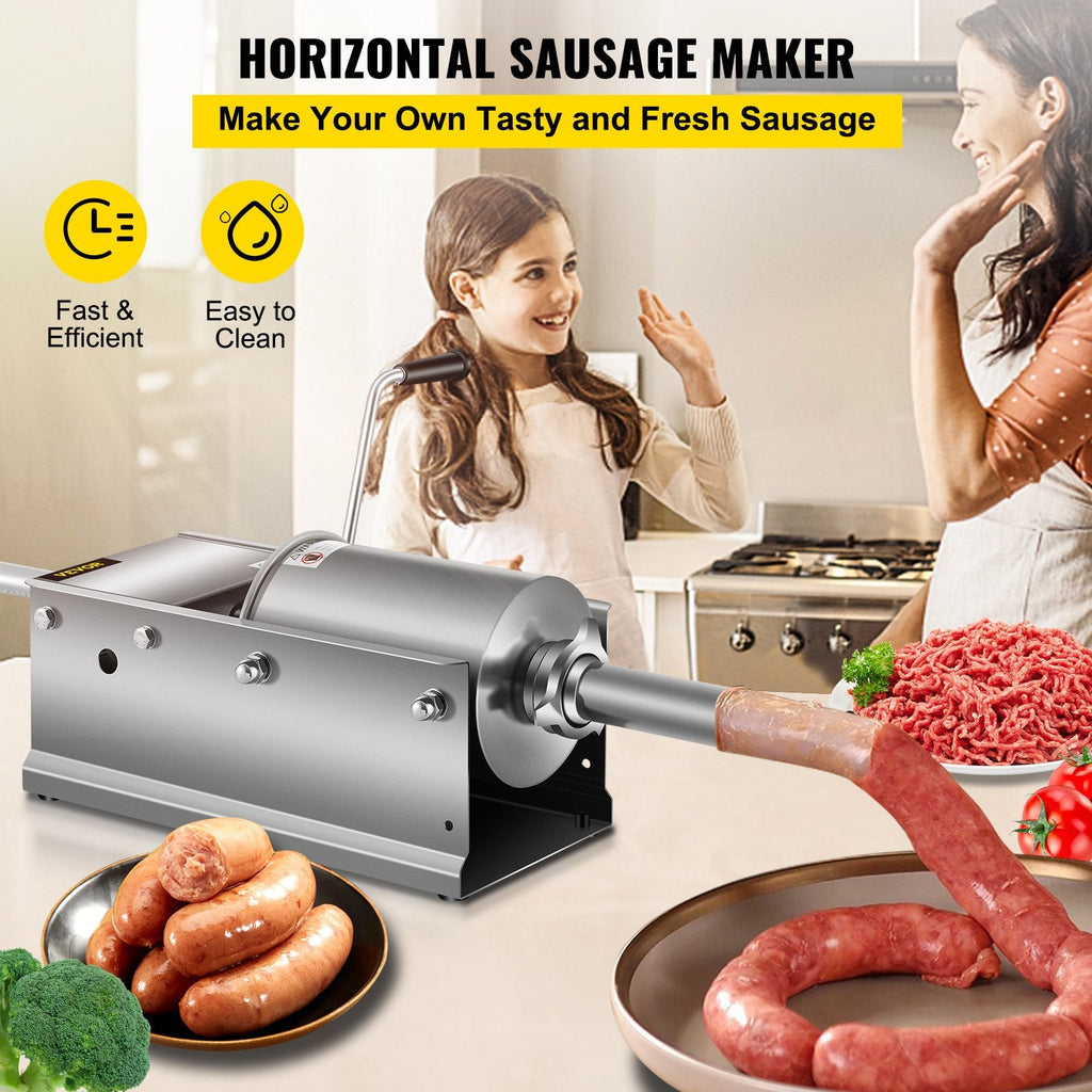 VEVOR Manual Sausage Stuffer, 3 L / 7 LBS Horizontal Sausage Machine, Dual-Speed Meat Stuffer, Made of Food-Grade 304 Stainless Steel, Includes 5 Stuffing Tubes, for Home Kitchen Restaurant Commercial-1