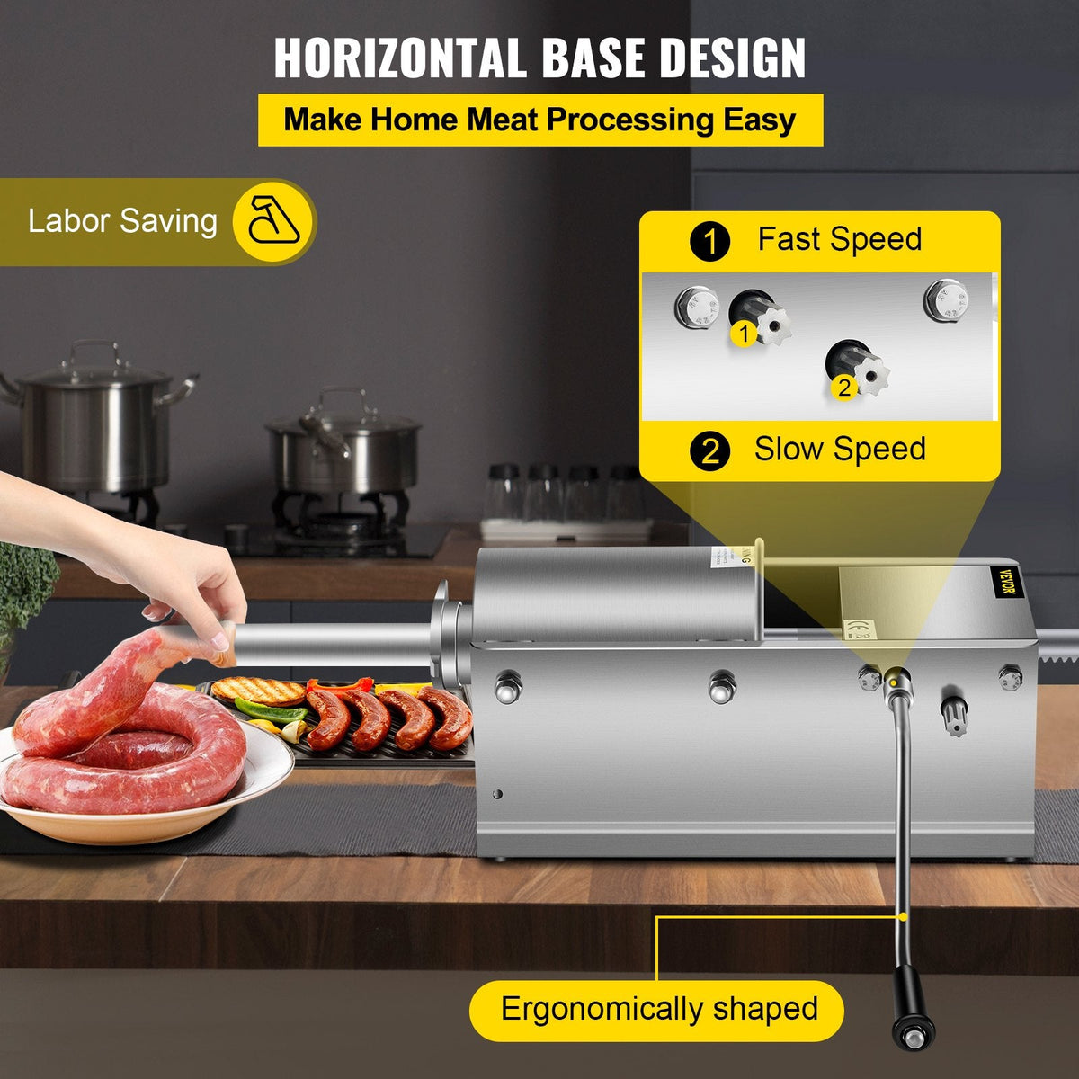 VEVOR Manual Sausage Stuffer, 3 L / 7 LBS Horizontal Sausage Machine, Dual-Speed Meat Stuffer, Made of Food-Grade 304 Stainless Steel, Includes 5 Stuffing Tubes, for Home Kitchen Restaurant Commercial-3