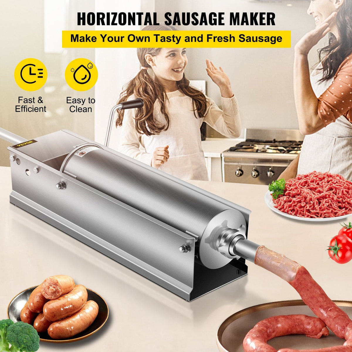 VEVOR Manual Sausage Stuffer, 7 L / 15 LBS Horizontal Sausage Machine, Dual-Speed Meat Stuffer, Made of Food-Grade 304 Stainless Steel, Includes 5 Stuffing Tubes, for Home Kitchen Restaurant Commercia-1