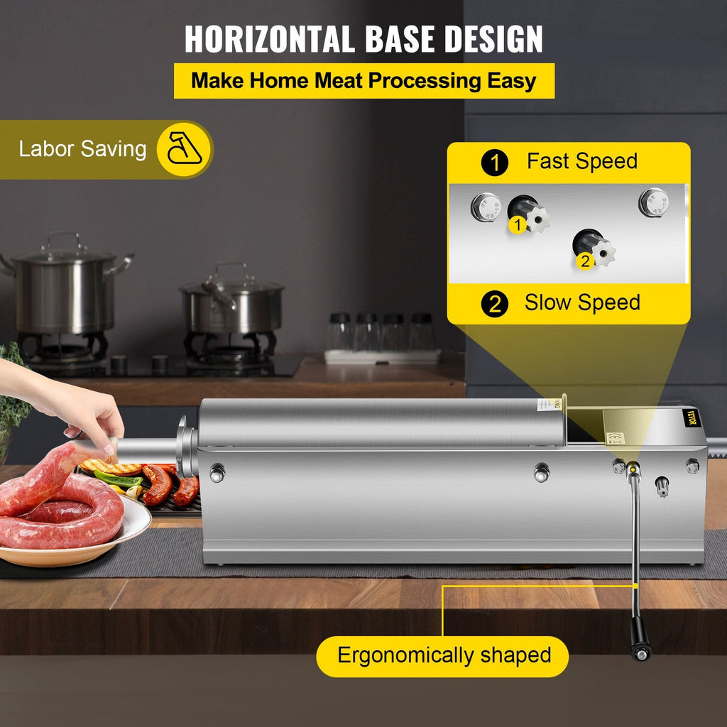 VEVOR Manual Sausage Stuffer, 7 L / 15 LBS Horizontal Sausage Machine, Dual-Speed Meat Stuffer, Made of Food-Grade 304 Stainless Steel, Includes 5 Stuffing Tubes, for Home Kitchen Restaurant Commercia-3