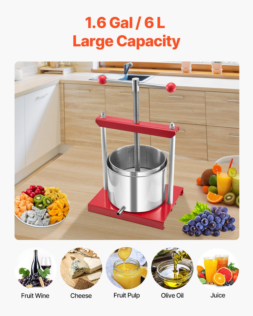 VEVOR Fruit Wine Press Manual Press for Wine Making 1.6 Gal/6L Stainless Steel-2