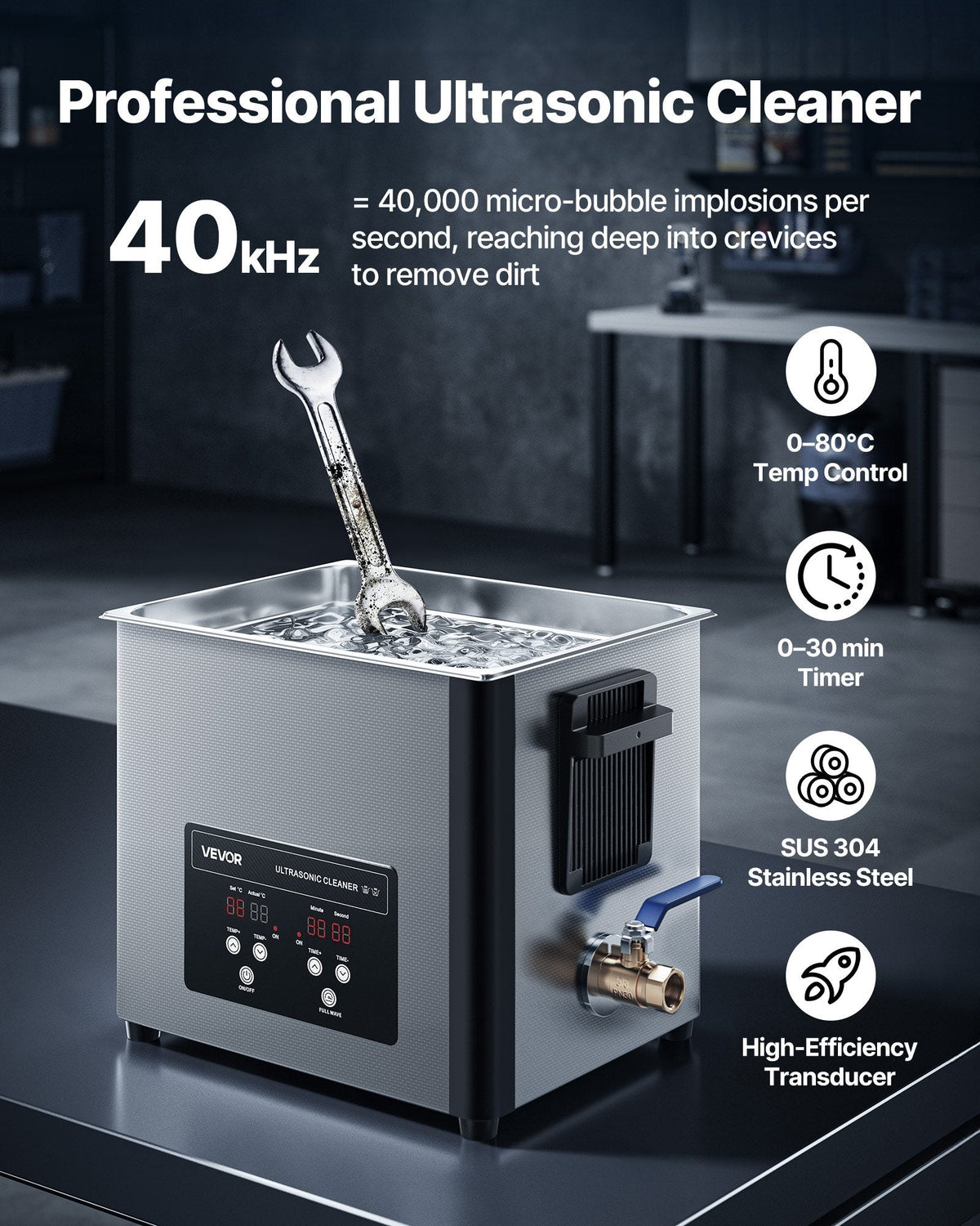 VEVOR 10L Ultrasonic Cleaner, Professional Ultrasonic Cleaner Machine with Cleaning Basket & Digital Display, 180W Stainless Steel 40kHz Cleaning Machine for Watches, Razors, Jewelry, Coins, and More-1