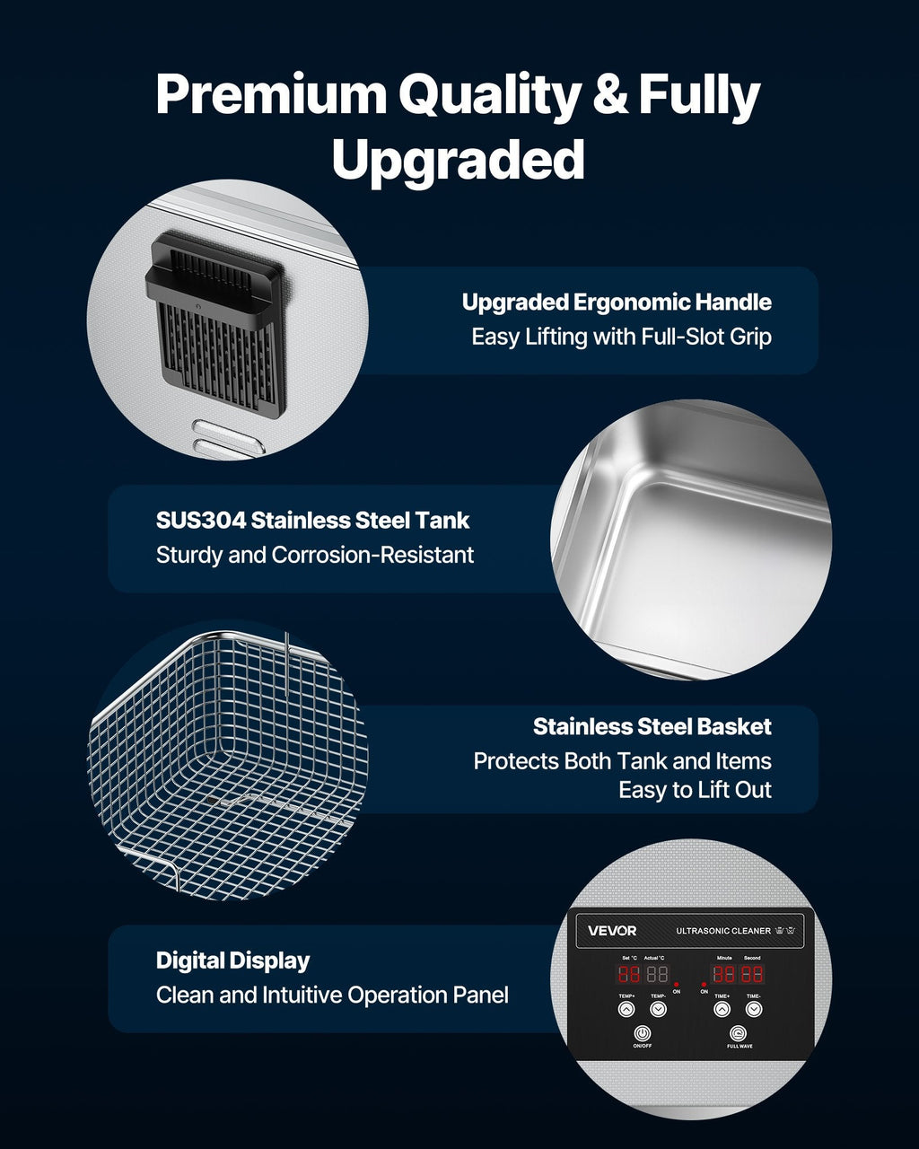 VEVOR 10L Ultrasonic Cleaner, Professional Ultrasonic Cleaner Machine with Cleaning Basket & Digital Display, 180W Stainless Steel 40kHz Cleaning Machine for Watches, Razors, Jewelry, Coins, and More-4