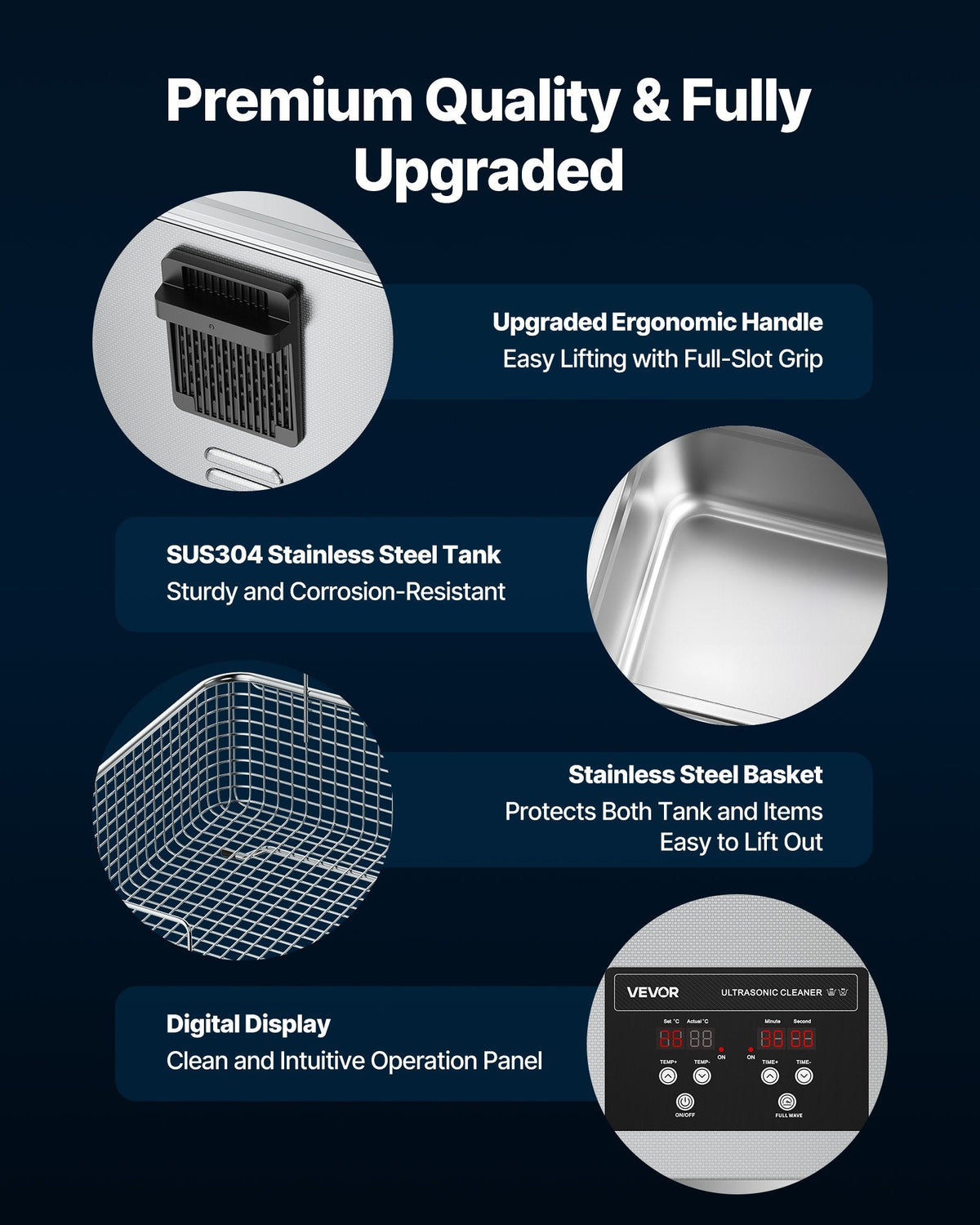 VEVOR 10L Ultrasonic Cleaner, Professional Ultrasonic Cleaner Machine with Cleaning Basket & Digital Display, 180W Stainless Steel 40kHz Cleaning Machine for Watches, Razors, Jewelry, Coins, and More-4