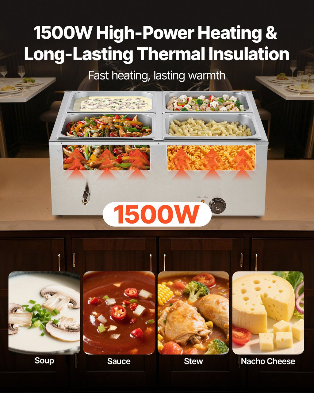 VEVOR Commercial Food Warmer, 1500W Electric Stainless Steel Steam Food Warmer with Lid, 4-Pan Fast Heating Countertop Buffet Bain Marie with Soup & Perforated Ladles, for Catering, Restaurant, Party-1