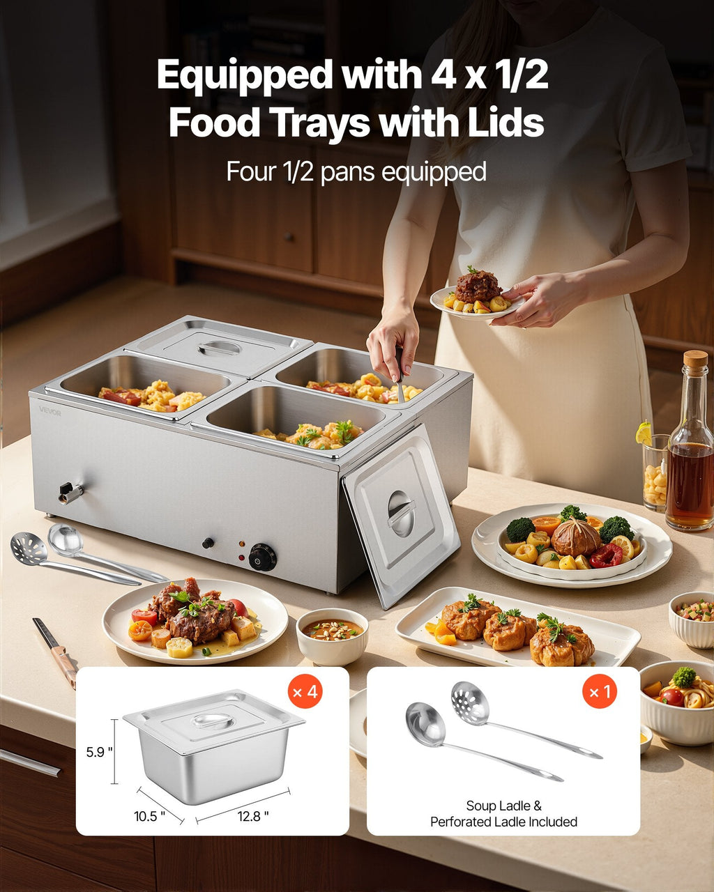 VEVOR Commercial Food Warmer, 1500W Electric Stainless Steel Steam Food Warmer with Lid, 4-Pan Fast Heating Countertop Buffet Bain Marie with Soup & Perforated Ladles, for Catering, Restaurant, Party-2