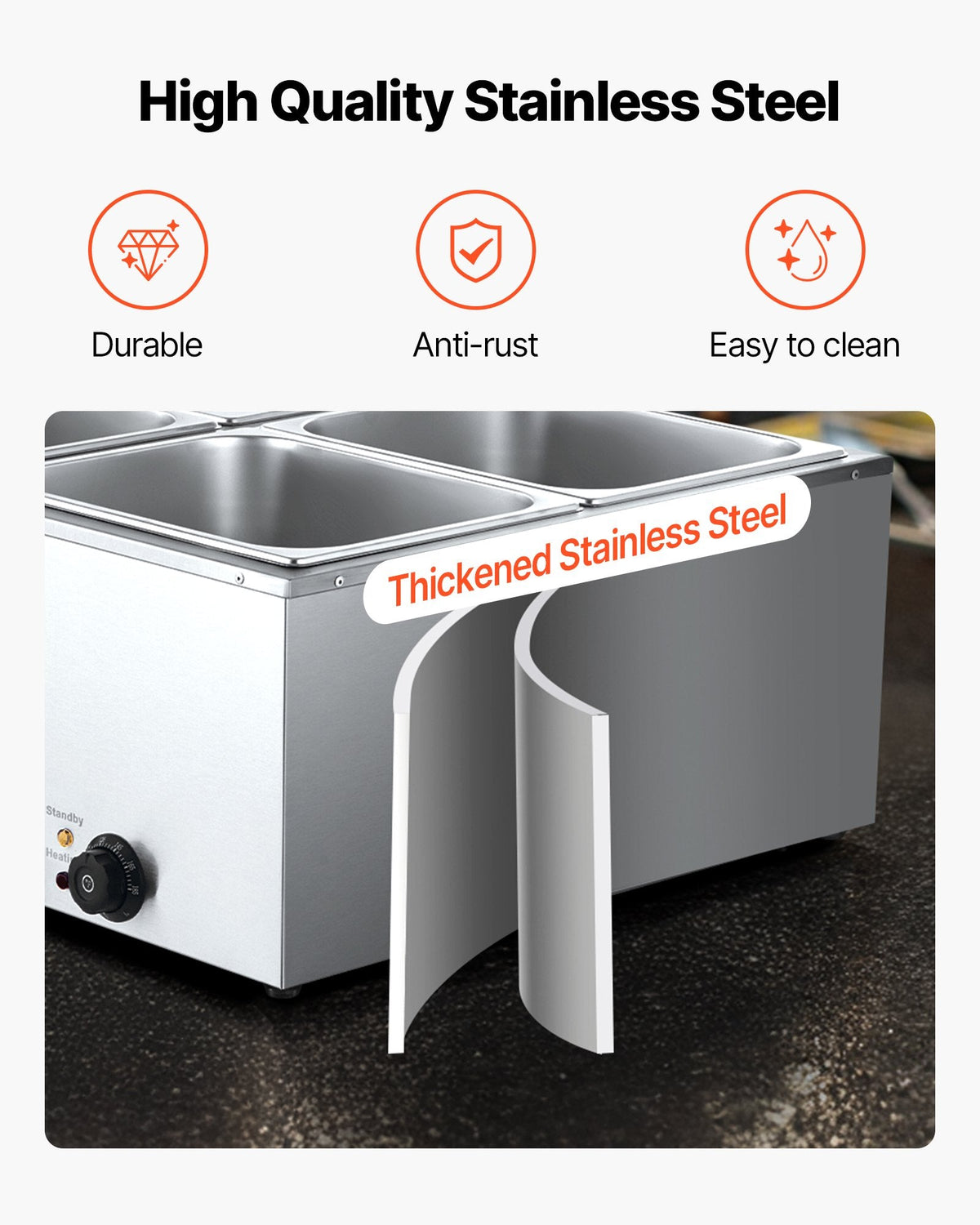 VEVOR Commercial Food Warmer, 1500W Electric Stainless Steel Steam Food Warmer with Lid, 4-Pan Fast Heating Countertop Buffet Bain Marie with Soup & Perforated Ladles, for Catering, Restaurant, Party-3