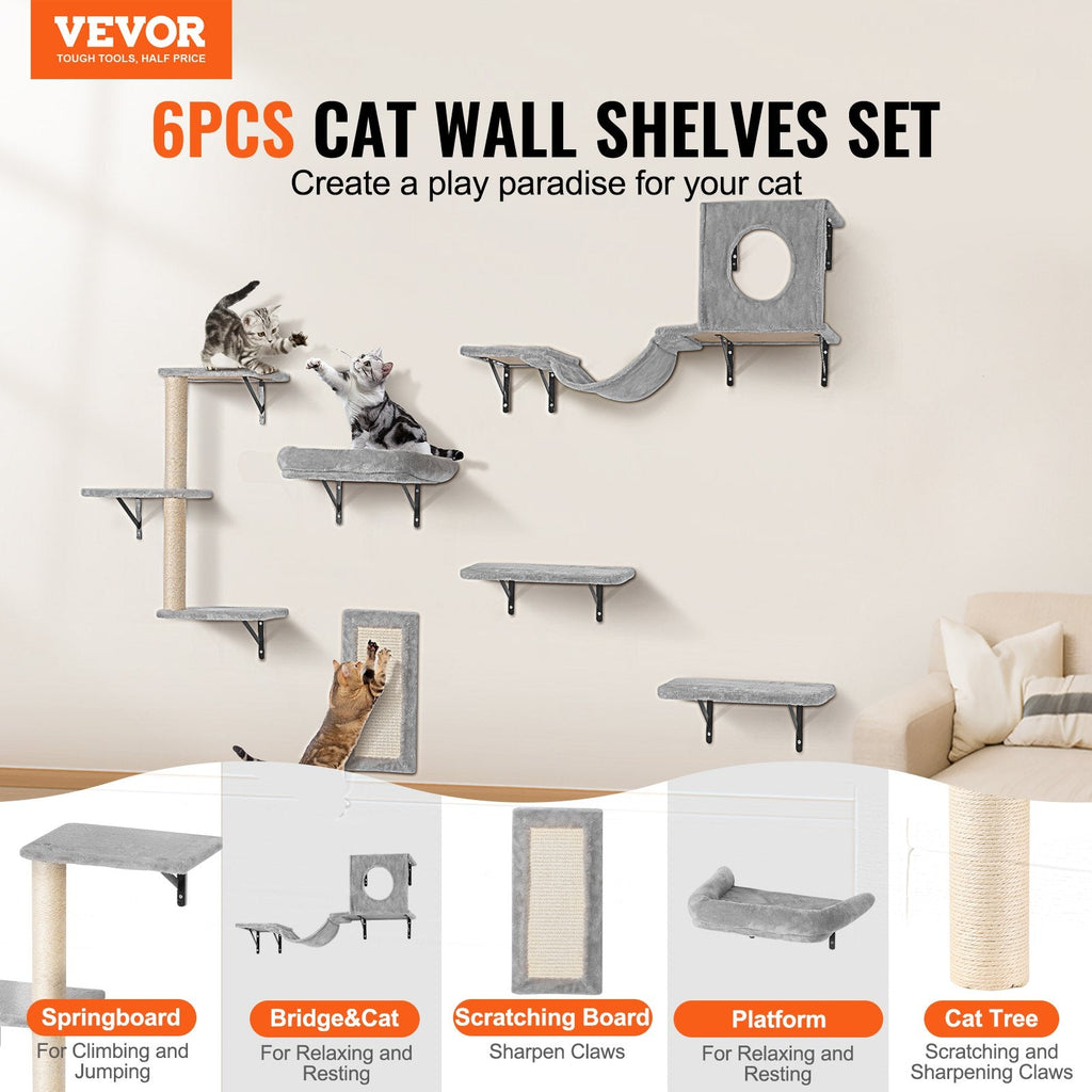 VEVOR Wall Mounted Cat Shelves, Cat Wall Shelves and Perches with Jumping Boards, Hammock, Sofa, Cat Tree & Cat Grip, Cat Furniture and Shelves up to 40 lbs for Sleeping, Playing, Climbing, Set of 6-1