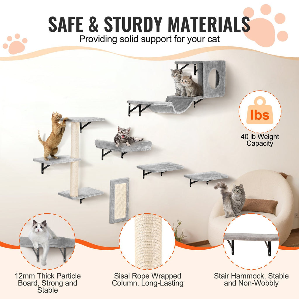 VEVOR Wall Mounted Cat Shelves, Cat Wall Shelves and Perches with Jumping Boards, Hammock, Sofa, Cat Tree & Cat Grip, Cat Furniture and Shelves up to 40 lbs for Sleeping, Playing, Climbing, Set of 6-2