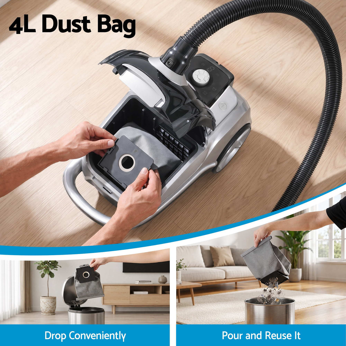 DEVANTI Bagged Vacuum Cleaner Powerful Suction for Carpet Wood Tile Floor-4
