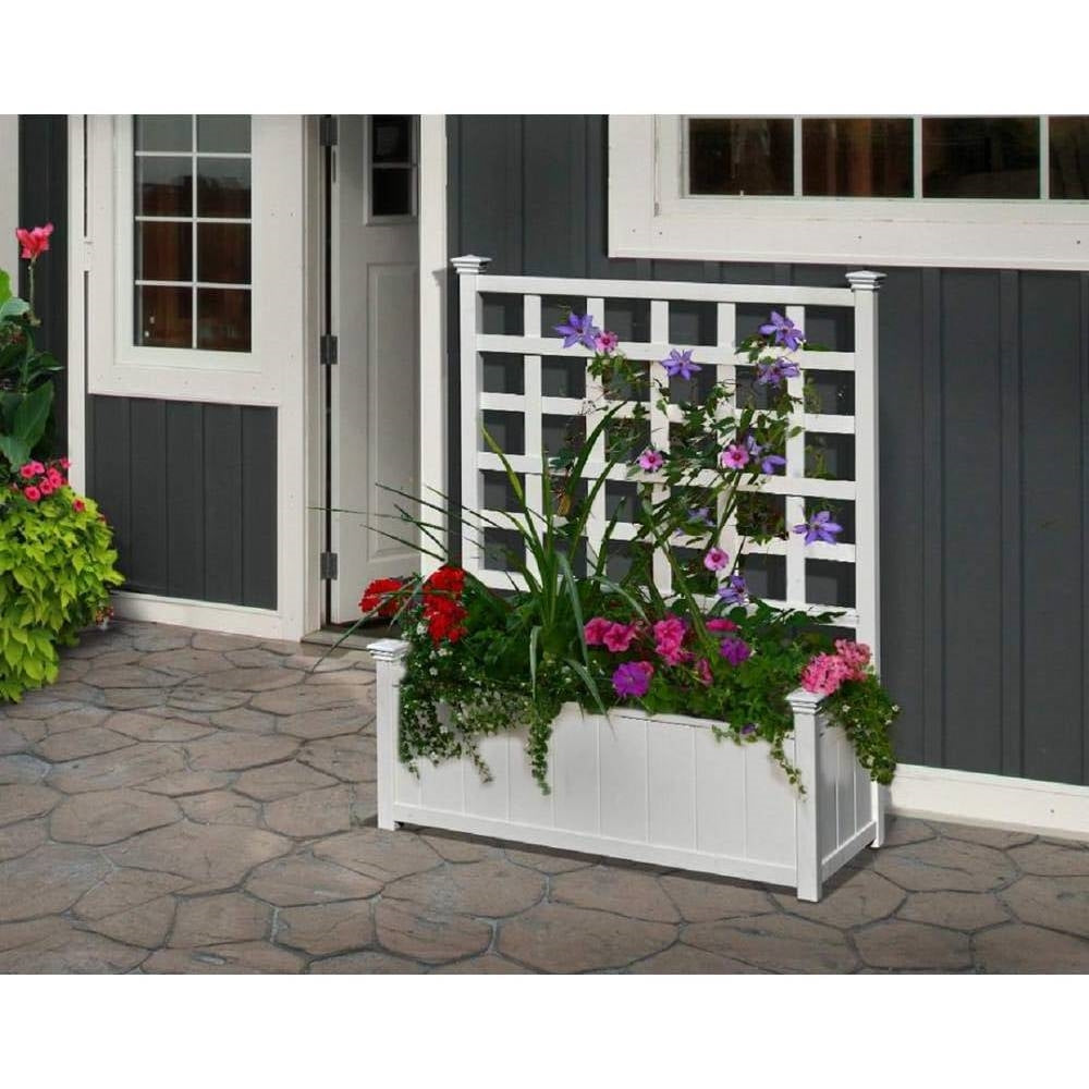 Outdoor White Vinyl Garden Planter Box with Trellis-1