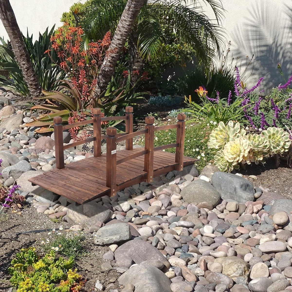 Outdoor 5-foot Solid Fir Wood Garden Bridge in Rustic Brown Finish-2