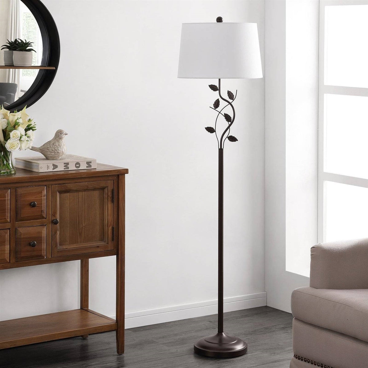 Vine Leaves Floor Lamp in Bronze Finish with White Shade-1