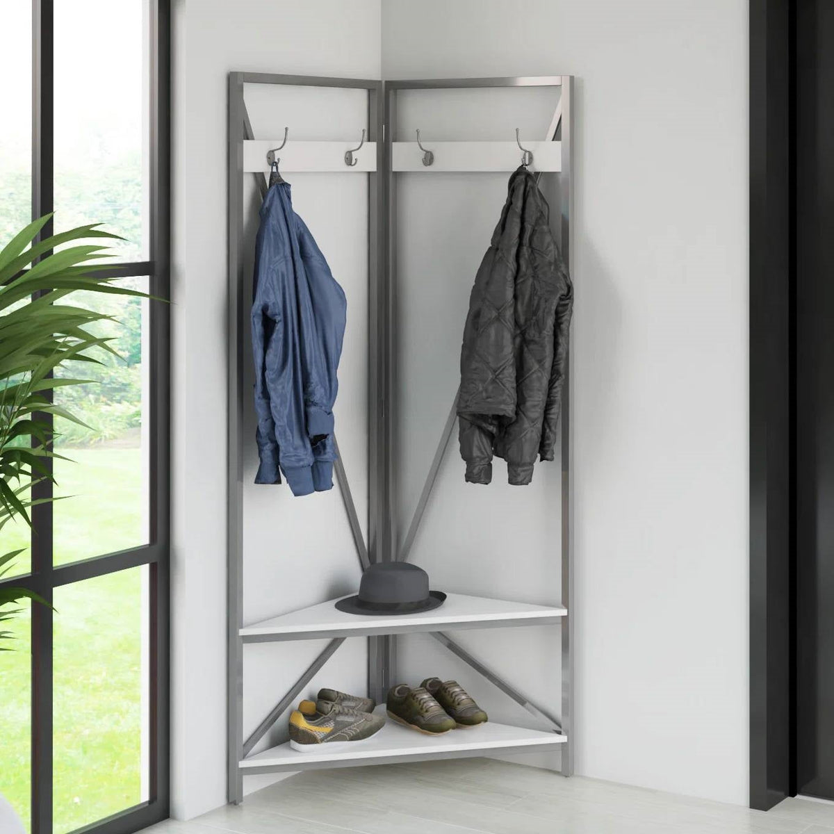 Modern Metal Hall Tree Coat Rack Shoe Storage Bench with White Seat and Shelf-0
