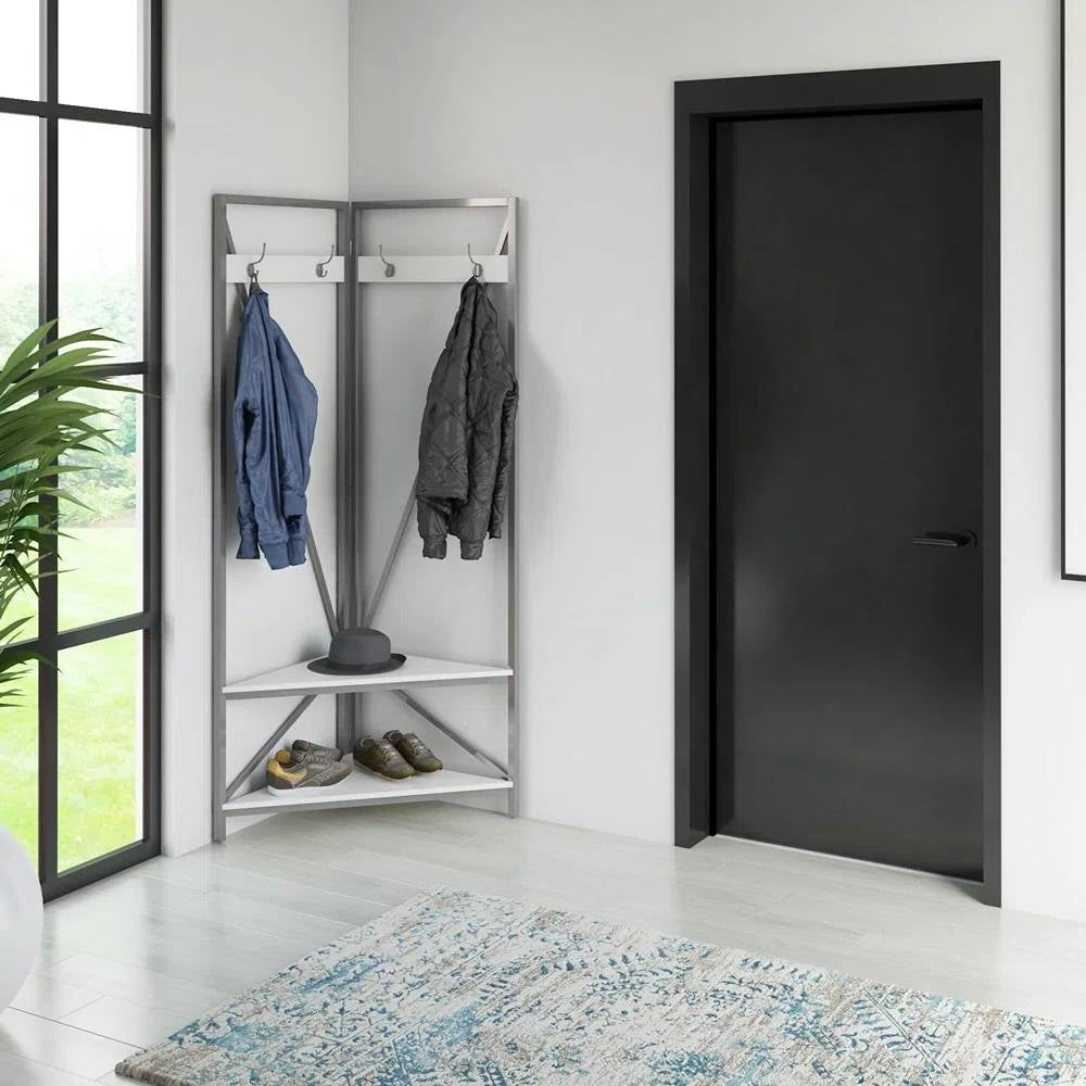 Modern Metal Hall Tree Coat Rack Shoe Storage Bench with White Seat and Shelf-2