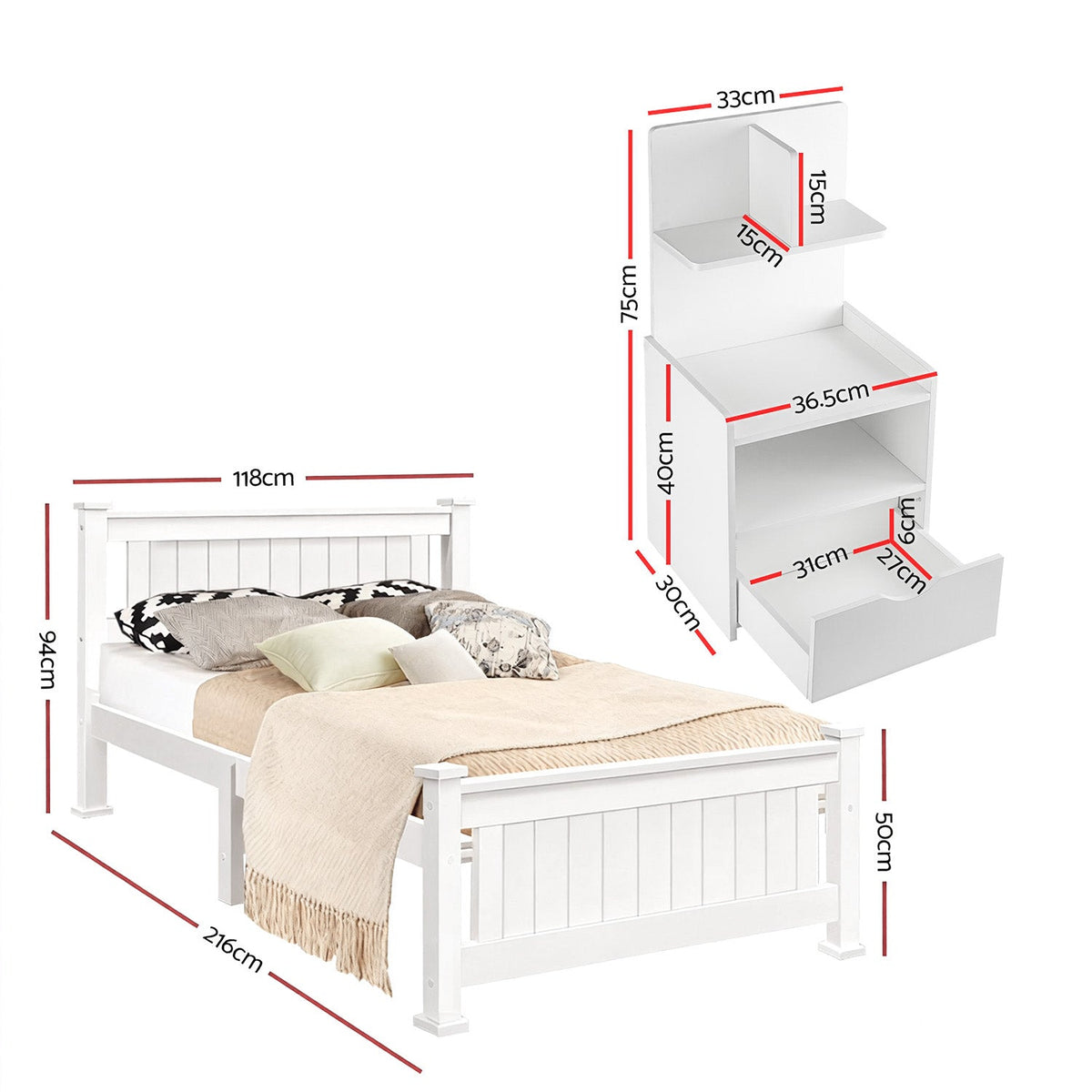 Artiss King Single Bed Frame and Bedside Table White-1