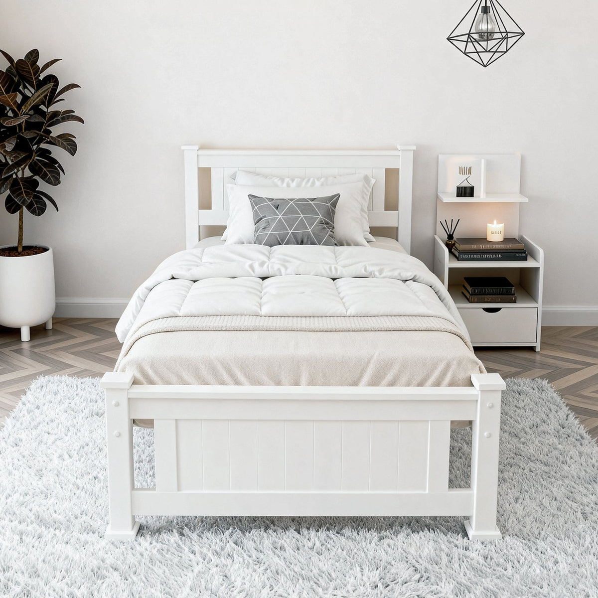 Artiss King Single Bed Frame and Bedside Table White-2