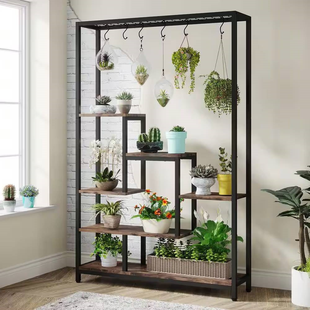 Modern Industrial Heavy Duty Metal Wood Plant Stand with 10 Hanging Hooks-2