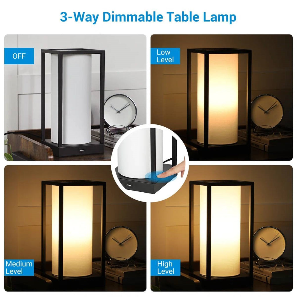 Set of 2 - Japanese Style USB Table Lamp with White Linen Shade and LED Bulbs-1