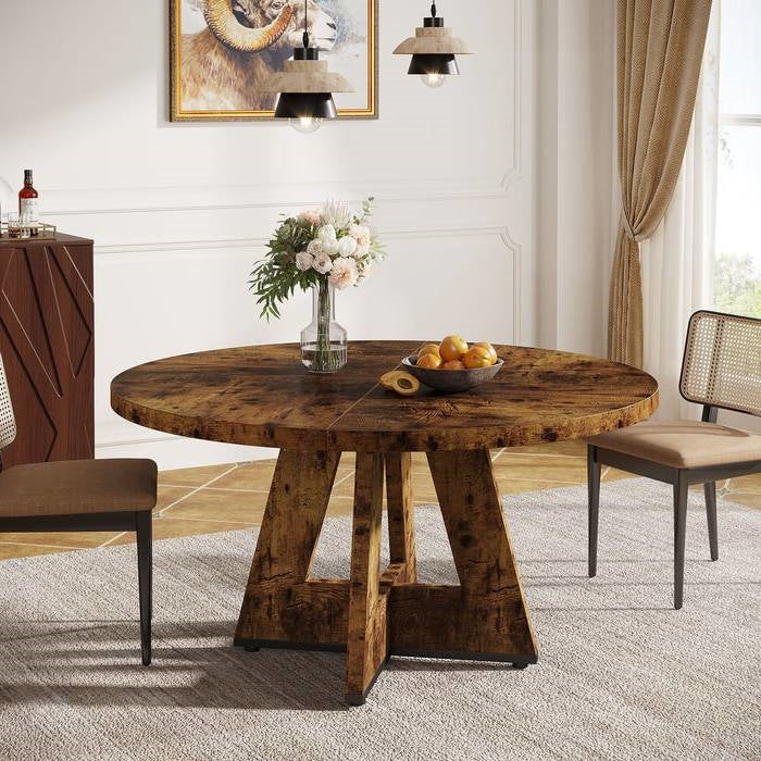 Modern Kitchen 4-Person Circular Dining Table in Rustic Brown Wood Finish-2