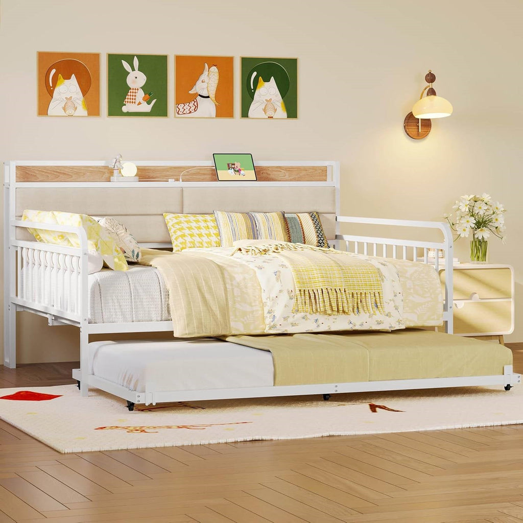 Full size White Metal Daybed with Upholstered Headboard and Twin Trundle-0
