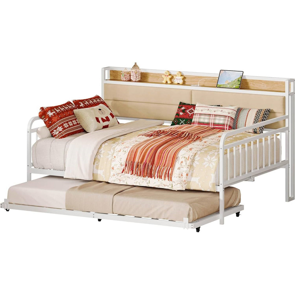 Full size White Metal Daybed with Upholstered Headboard and Twin Trundle-1