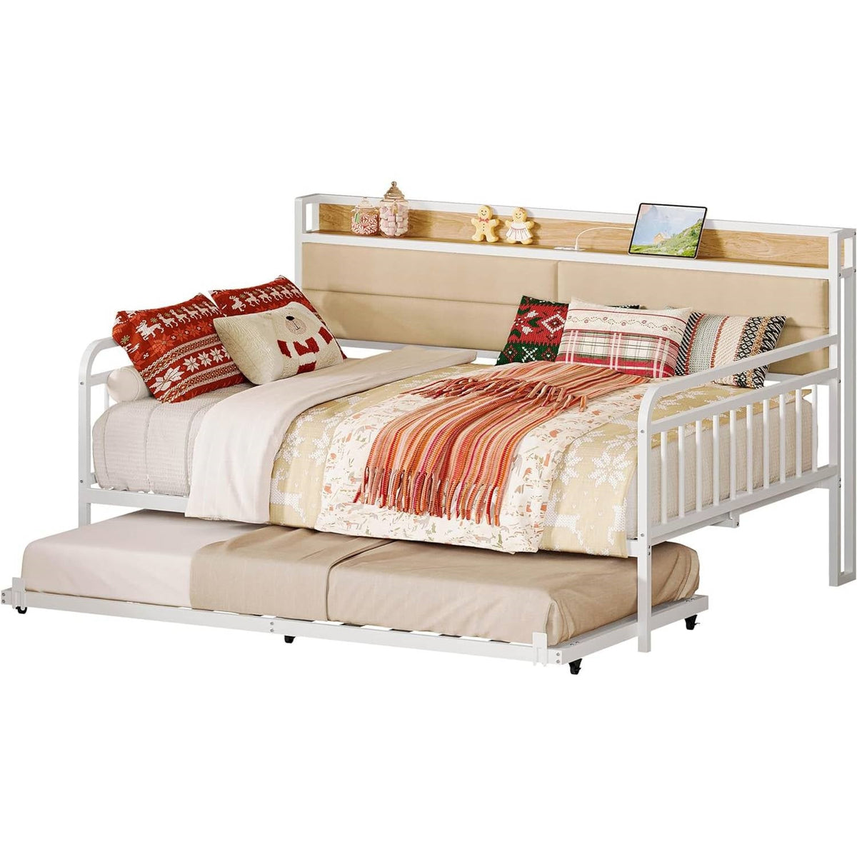 Full size White Metal Daybed with Upholstered Headboard and Twin Trundle-1