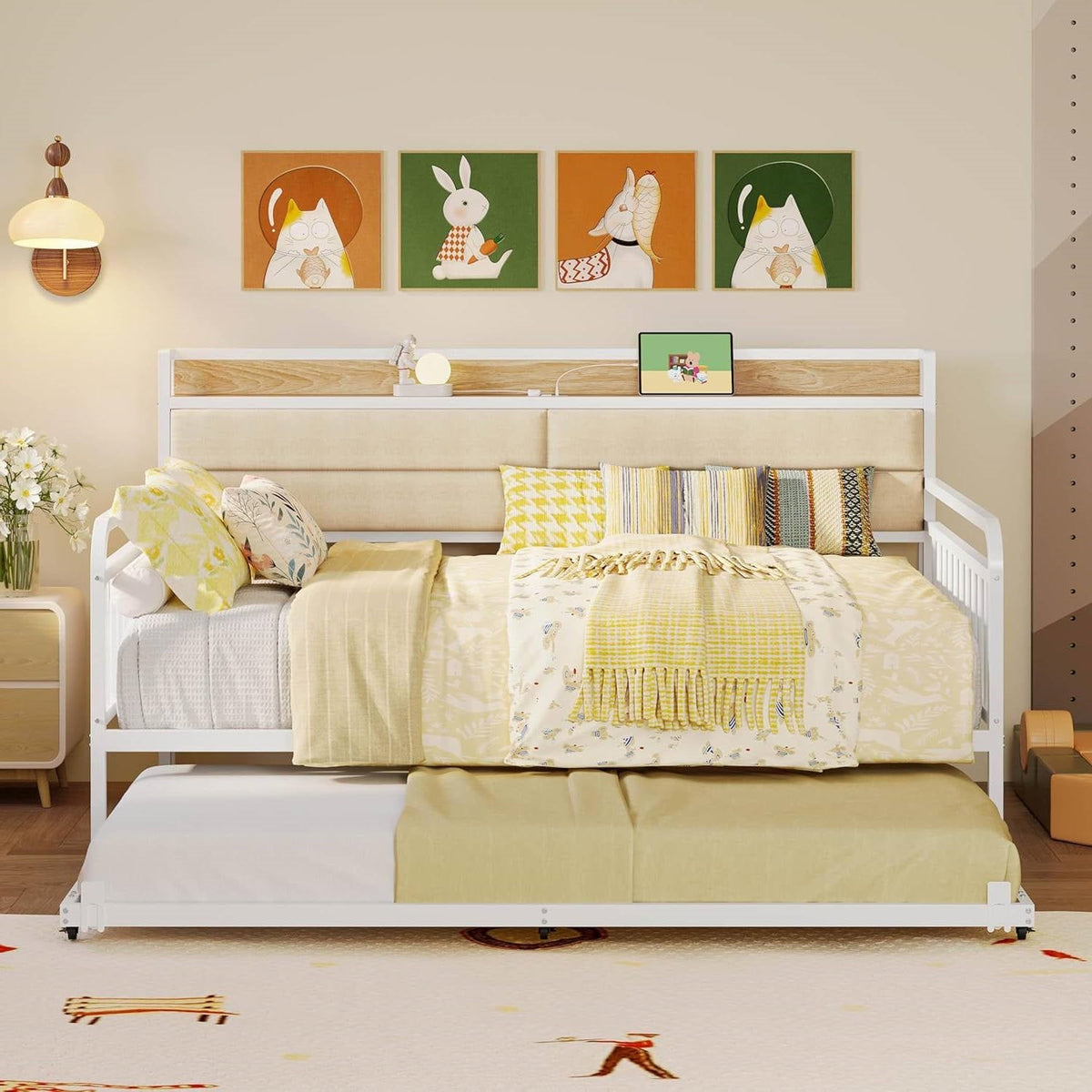 Full size White Metal Daybed with Upholstered Headboard and Twin Trundle-2