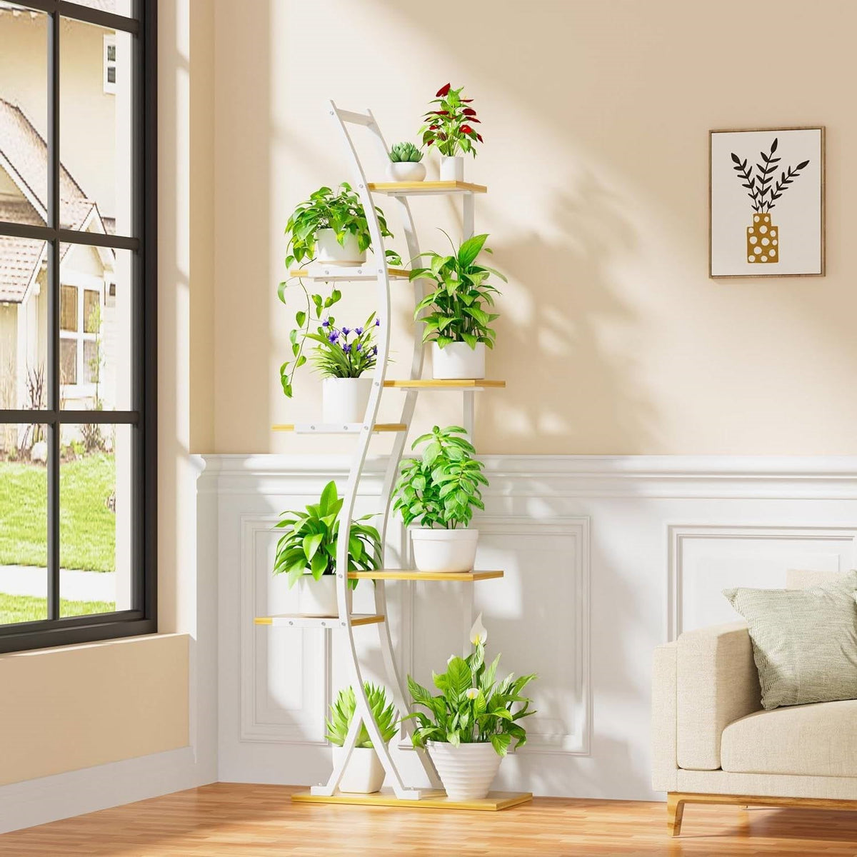 63-inch Tall Indoor Plant Stand with White Metal Frame and Wood Finish Shelves-0