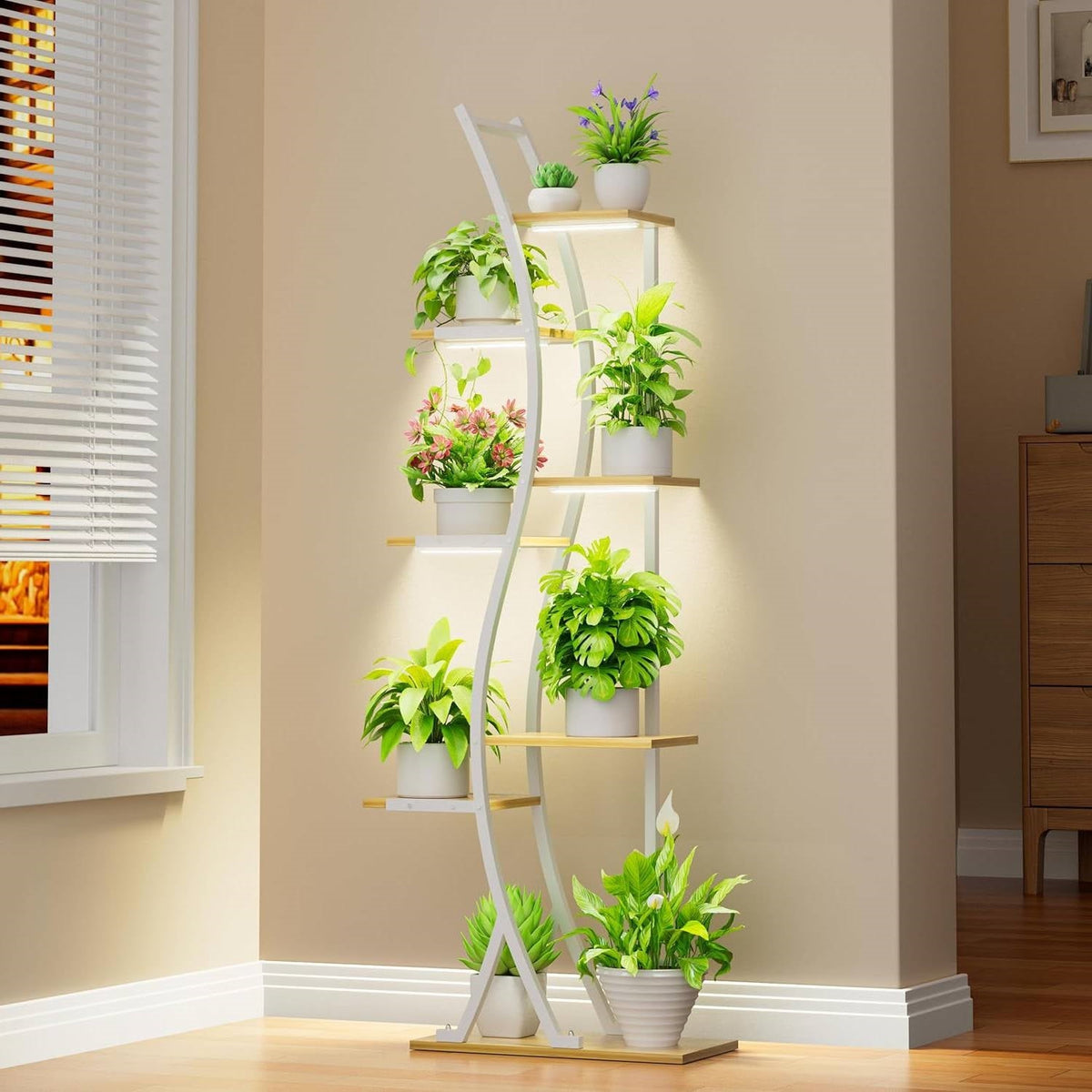 63-inch Tall Indoor Plant Stand with White Metal Frame and Wood Finish Shelves-1