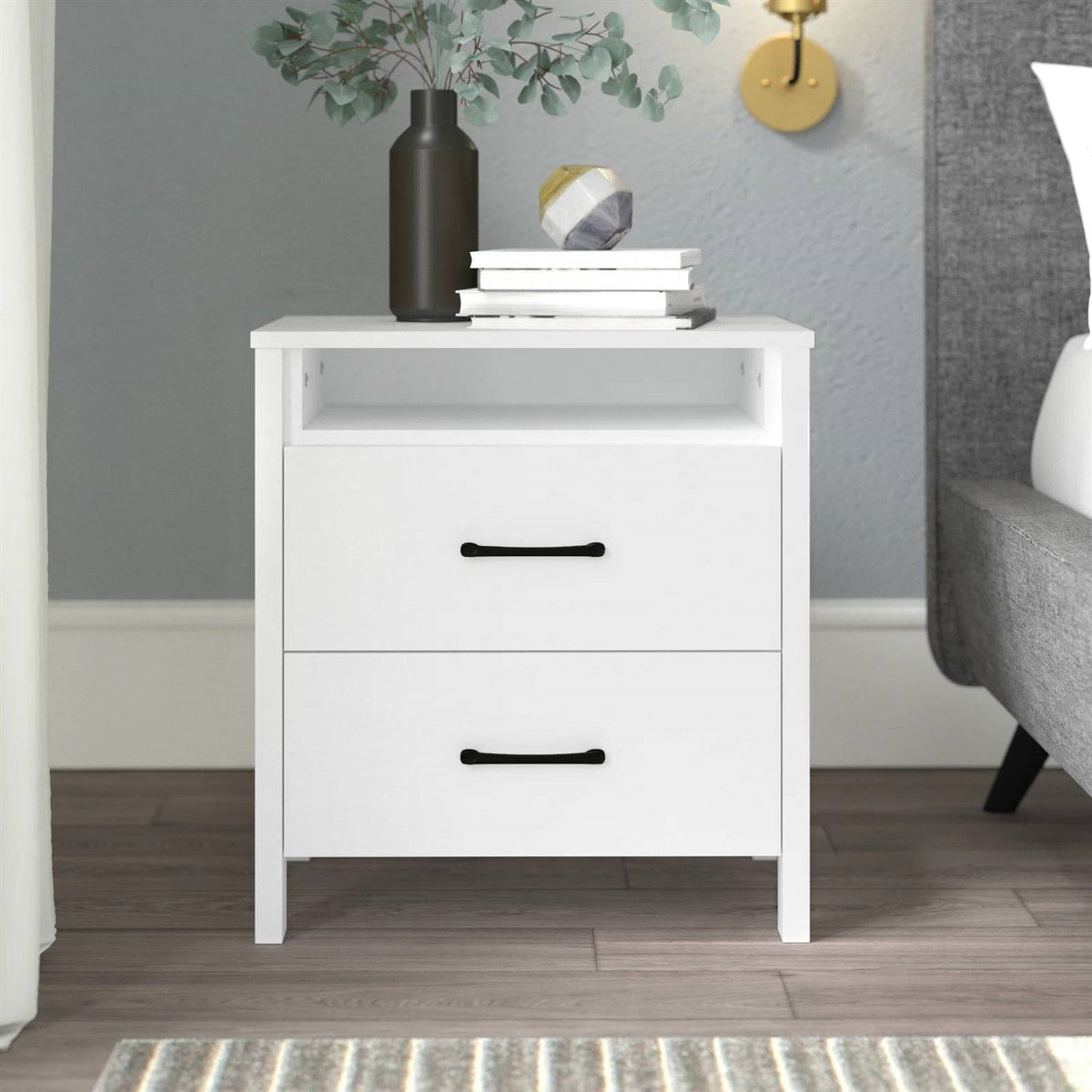 Modern 2-Drawer Bedside Table Nightstand in White Wood Finish-0