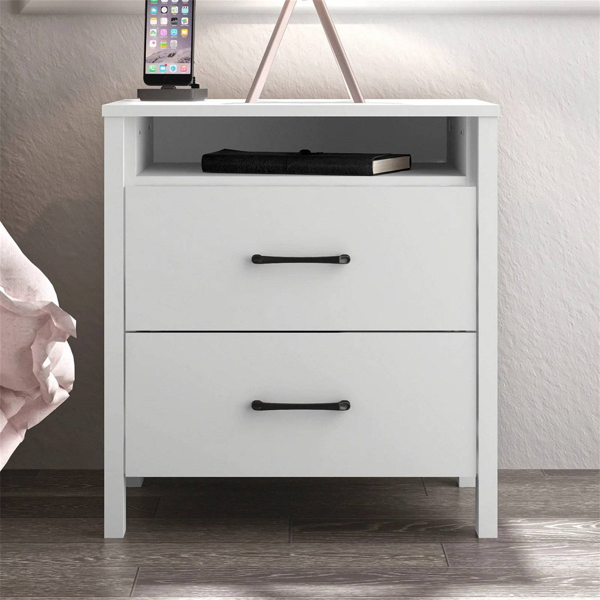 Modern 2-Drawer Bedside Table Nightstand in White Wood Finish-2